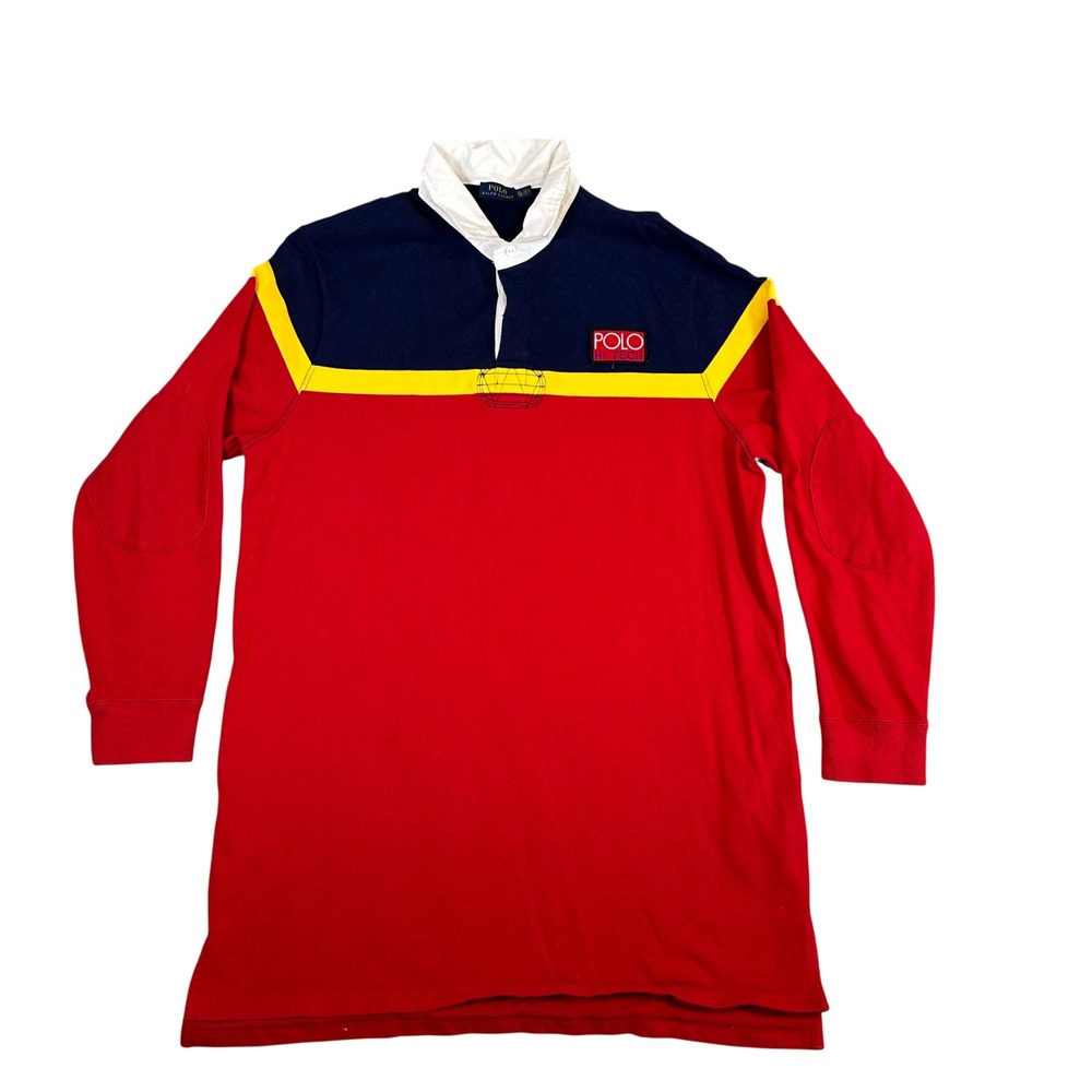 Polo Ralph Lauren Hi Tech Rugby Shirt Mens XL Red Blue Colorblock Long Sleeve